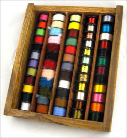 60 FLY TYING THREADS, FLOSSES & TINSELS IN WOODEN BOX